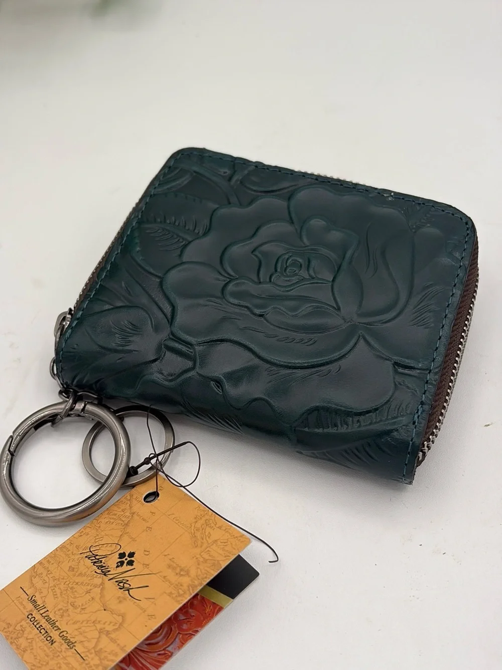Patricia Nash Floral Embossed Leather Zip Card Wallet with Keyring - Teal